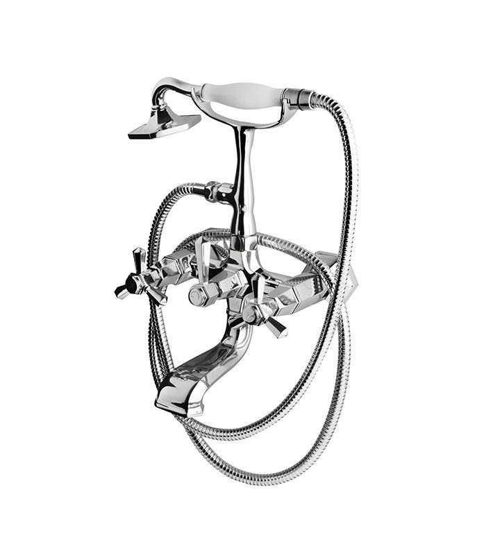 Angular hexagonal chrome mixer from Hexa collection installed on Syrian sink