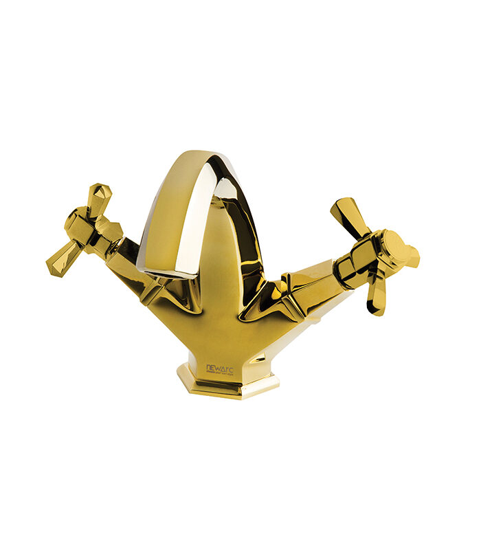 Elegant gold hexagonal mixer from Hexa collection on Syrian ceramic basin