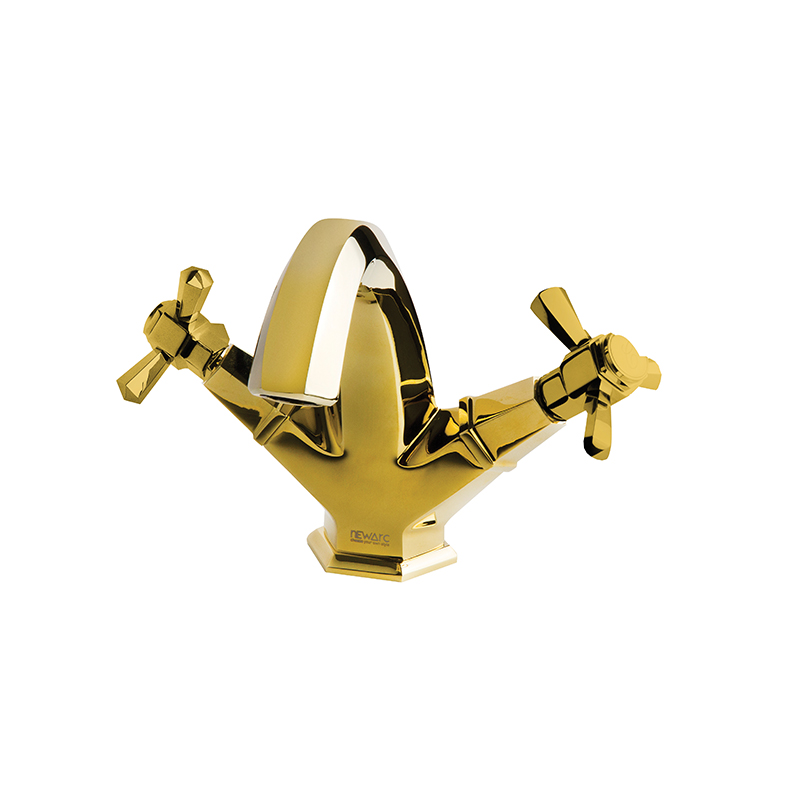 Elegant gold hexagonal mixer from Hexa collection on Syrian ceramic basin