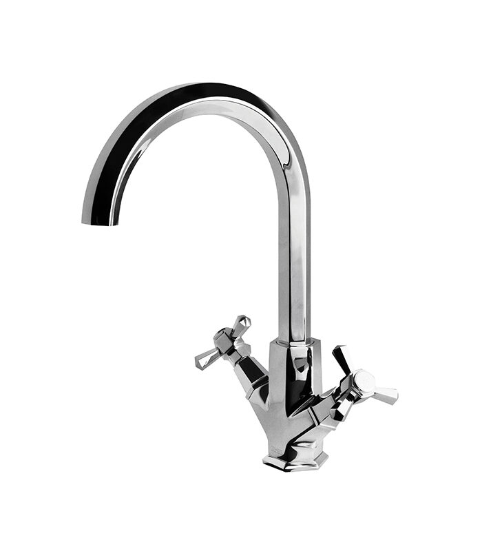 Smooth hexagonal chrome mixer from Hexa series on a Syrian ceramic basin