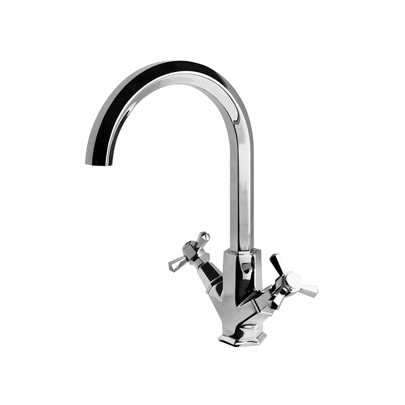 Smooth hexagonal chrome mixer from Hexa series on a Syrian ceramic basin