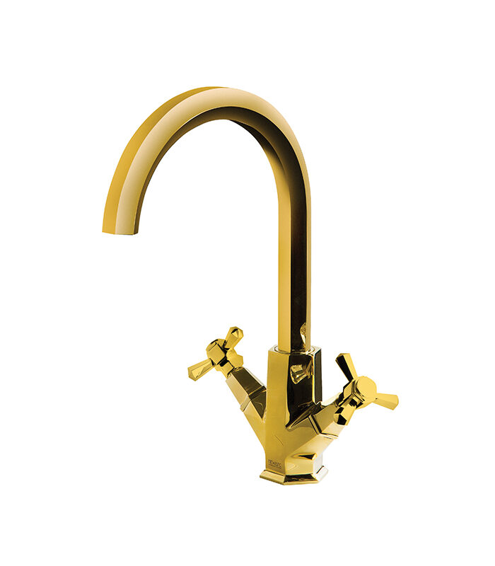Smooth hexagonal gold mixer from Hexa series on a Syrian ceramic basin