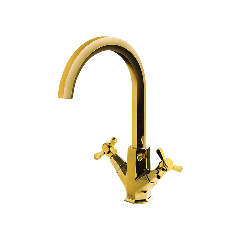 Smooth hexagonal gold mixer from Hexa series on a Syrian ceramic basin