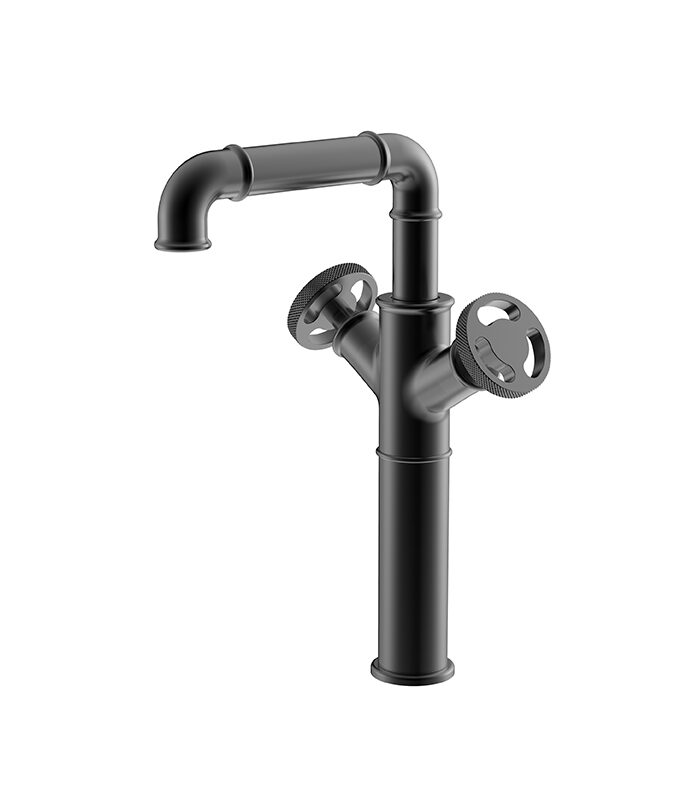 Matte black bathroom mixer from Victory collection installed on Syrian ceramic sink