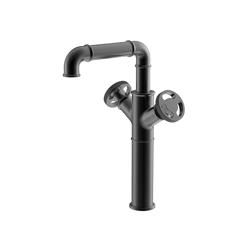 Matte black bathroom mixer from Victory collection installed on Syrian ceramic sink