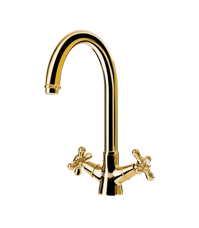 Nostalgic gold mixer tap with classic design mounted on ceramic washbasin in Syria