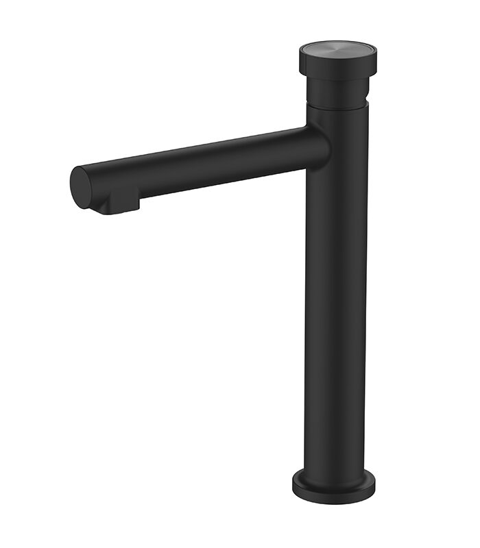 Minimalist matte black bathroom mixer from Hexa Milan series on Syrian ceramic sink