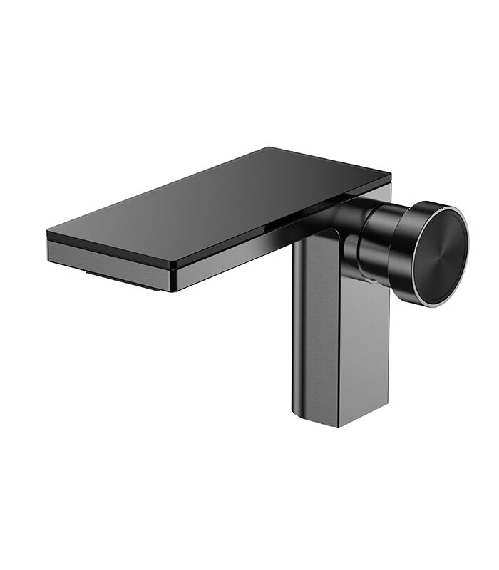 Stylish gray bathroom mixer from Hexa Milan with hexagonal body on Syrian sink