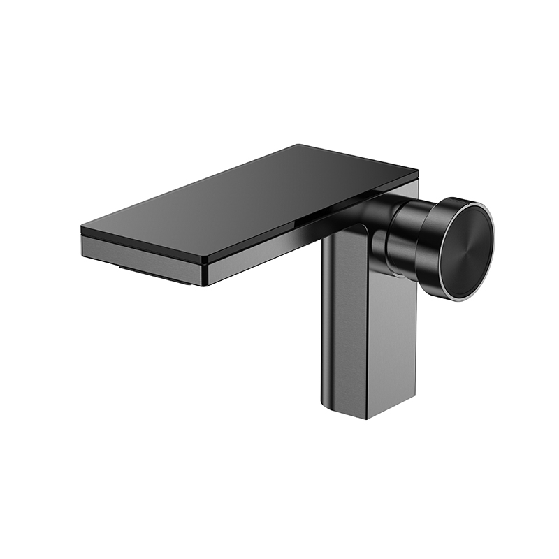 Stylish gray bathroom mixer from Hexa Milan with hexagonal body on Syrian sink