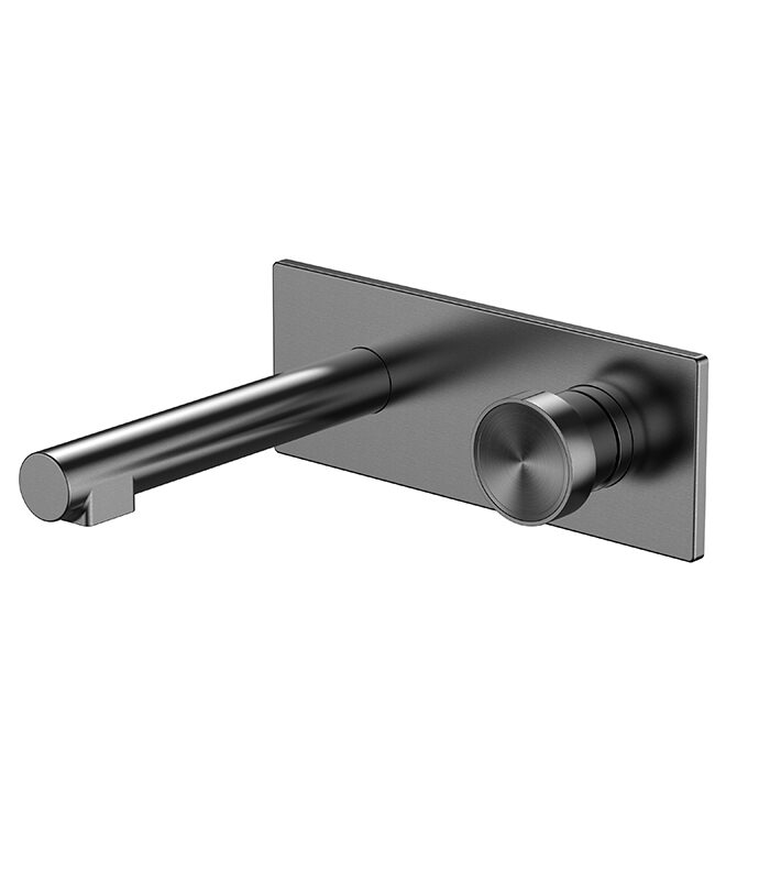 Sleek gray bathroom mixer from Hexa Milan with hexagonal body on Syrian sink