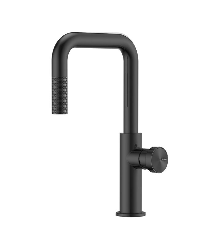 Sleek matte black bathroom mixer from Hexa Milan series on Syrian ceramic sink