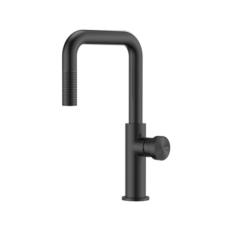 Sleek matte black bathroom mixer from Hexa Milan series on Syrian ceramic sink