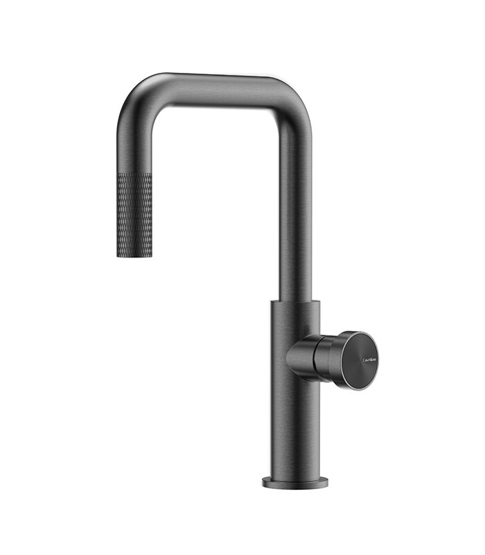 Modern gray bathroom mixer from Hexa Milan with hexagonal body on Syrian sink