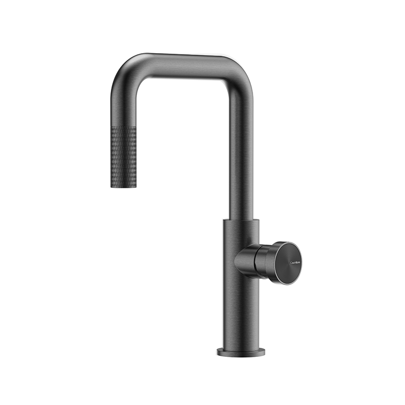 Modern gray bathroom mixer from Hexa Milan with hexagonal body on Syrian sink
