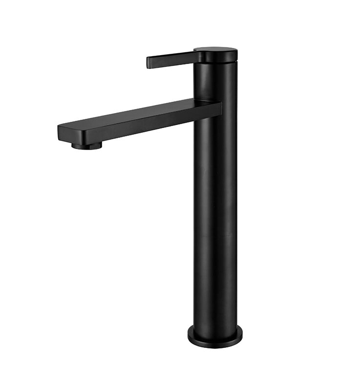 Bold matte black mixer installed on white basin in Syrian bathroom