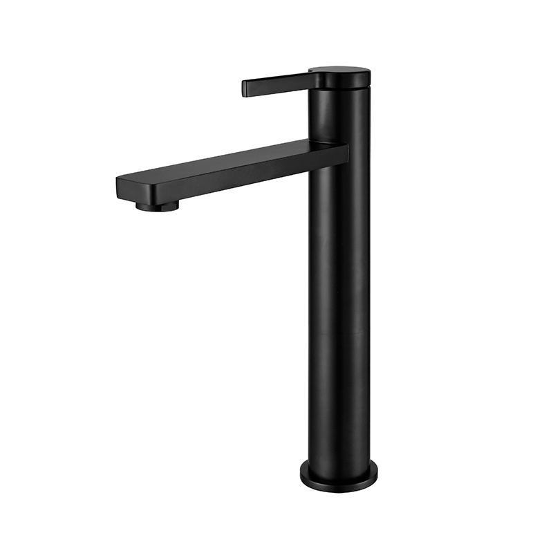 Bold matte black mixer installed on white basin in Syrian bathroom