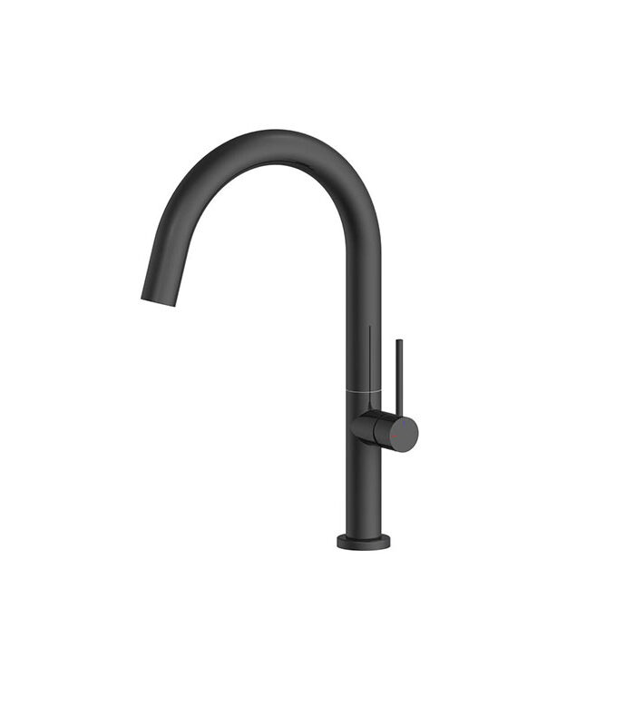 Matte black bold mixer tap with sharp geometric design in Syrian bathroom