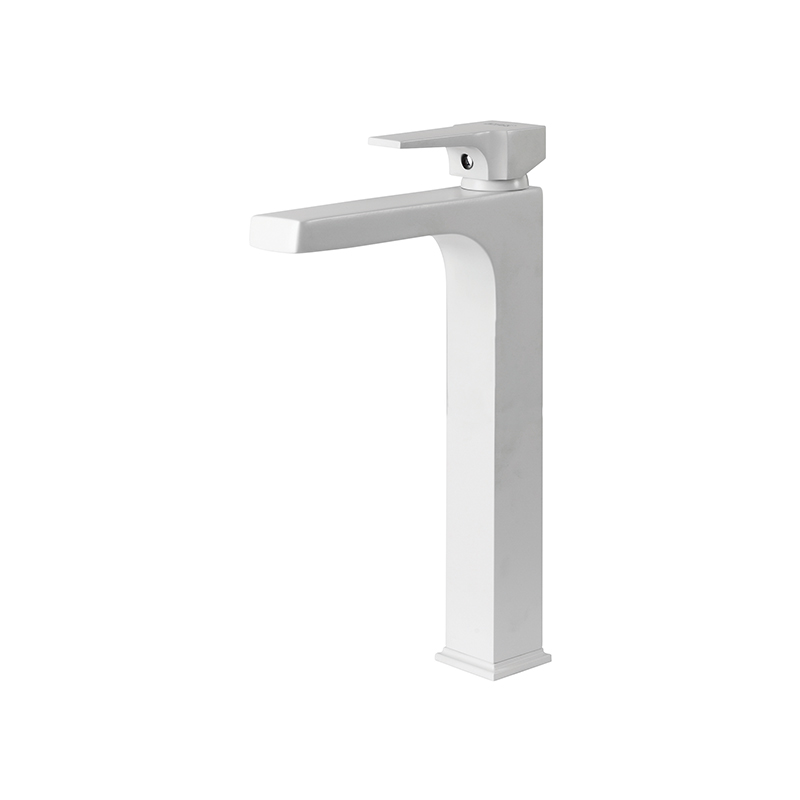Elegant white mixer tap installed on ceramic washbasin in Syrian bathroom