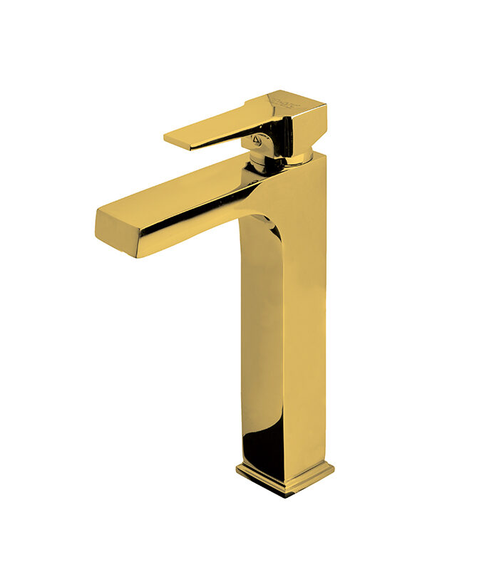 Premium golden mixer tap with bold design in luxury Syrian bathroom