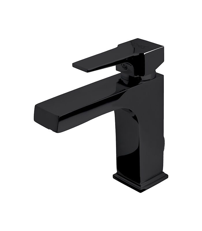 Modern matte black mixer installed on bathroom sink in Syria