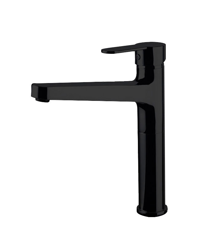 Minimalist matte black mixer from Domino collection on white Syrian basin