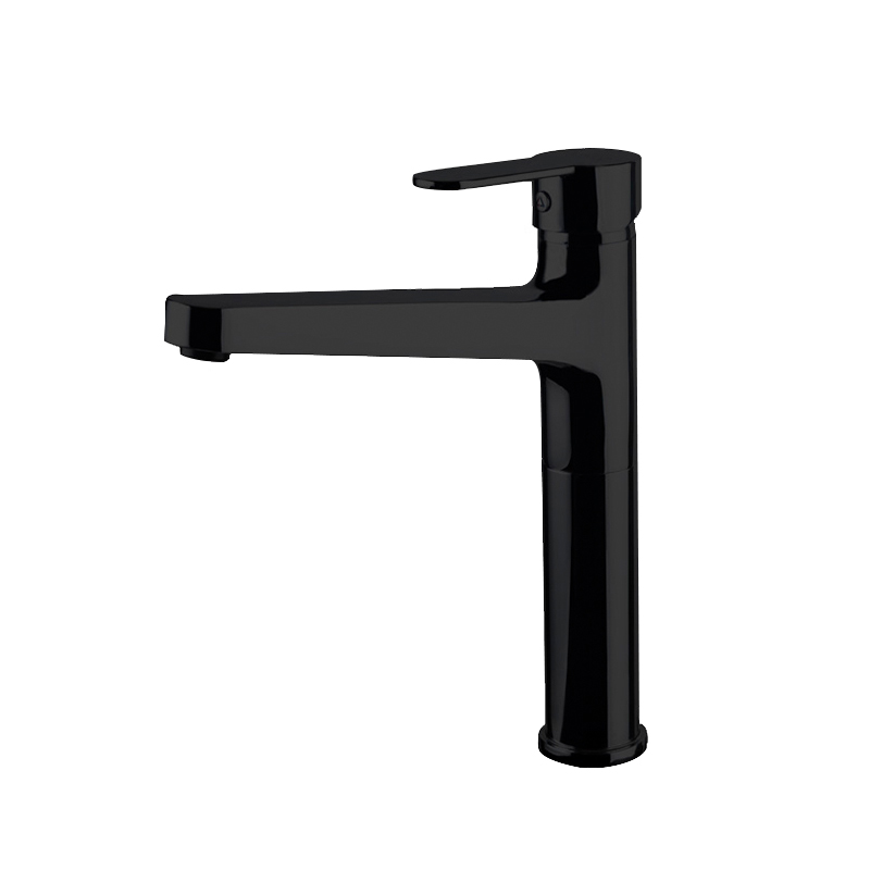 Minimalist matte black mixer from Domino collection on white Syrian basin