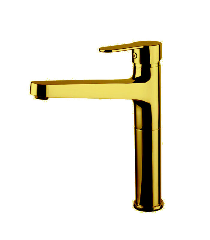 Striking gold Domino mixer tap with bold lines in Syrian ceramic sink