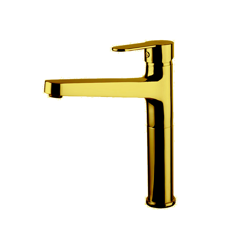 Striking gold Domino mixer tap with bold lines in Syrian ceramic sink