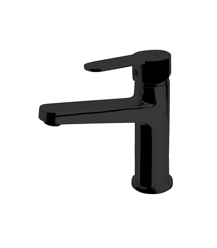Domino matte black mixer tap on white sink in a modern Syrian bathroom