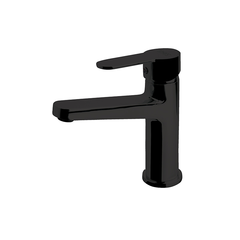 Domino matte black mixer tap on white sink in a modern Syrian bathroom