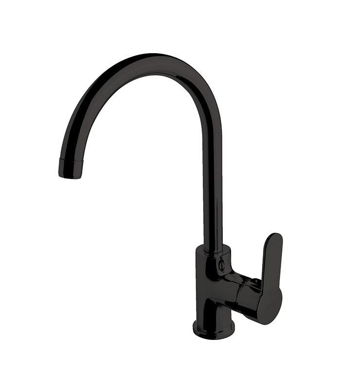 Bold matte black Domino mixer installed above modern Syrian ceramic sink
