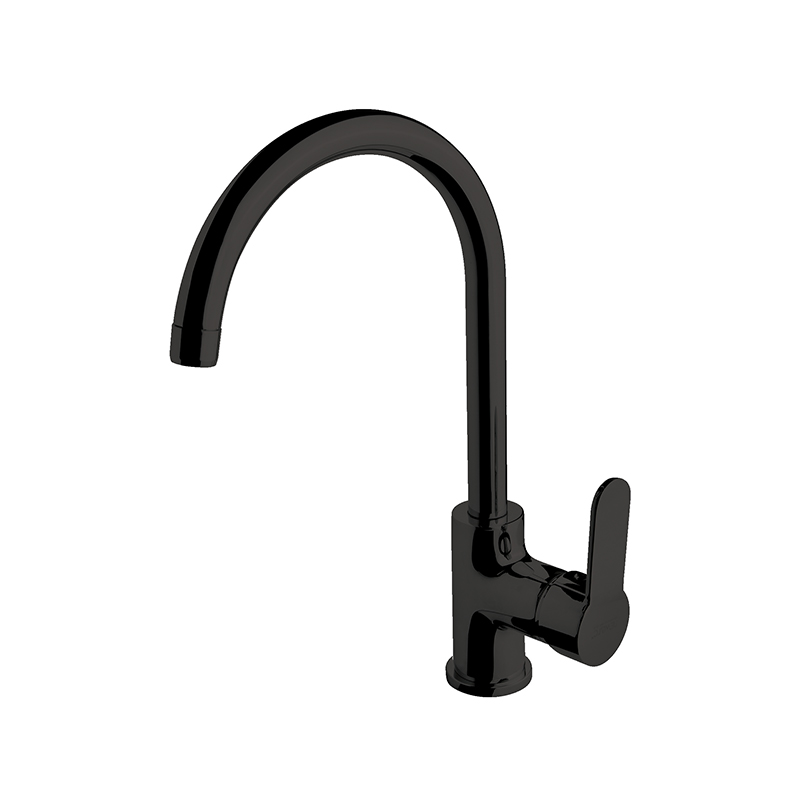 Bold matte black Domino mixer installed above modern Syrian ceramic sink