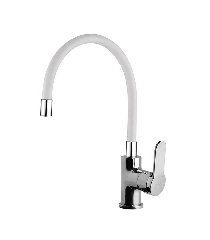 Domino mixer tap with chrome and white finish on a sleek Syrian bathroom sink