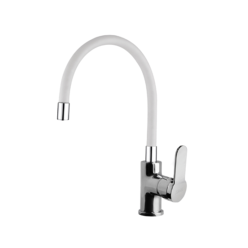 Domino mixer tap with chrome and white finish on a sleek Syrian bathroom sink