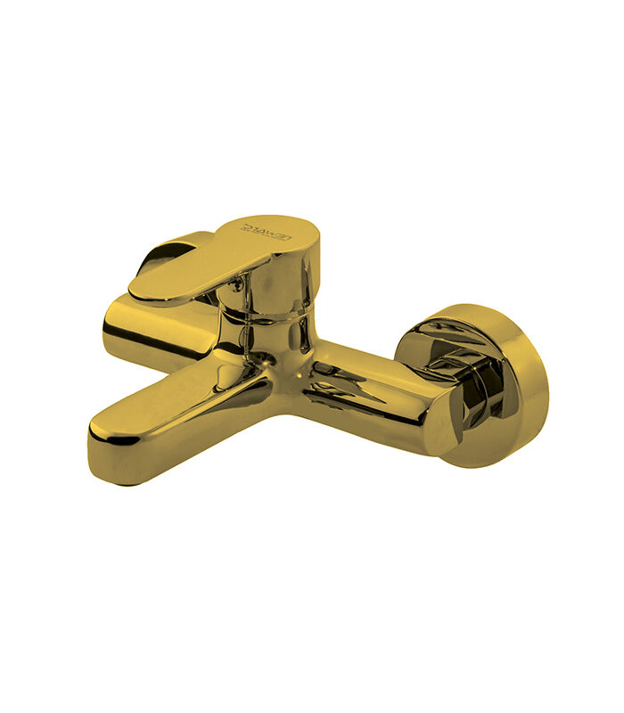 Modern gold bathroom mixer from Domino collection installed on Syrian vanity