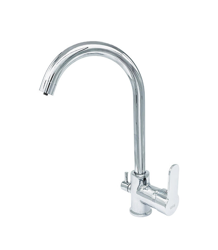 Minimal chrome mixer tap from Domino collection installed in Syrian minimalist bathroom