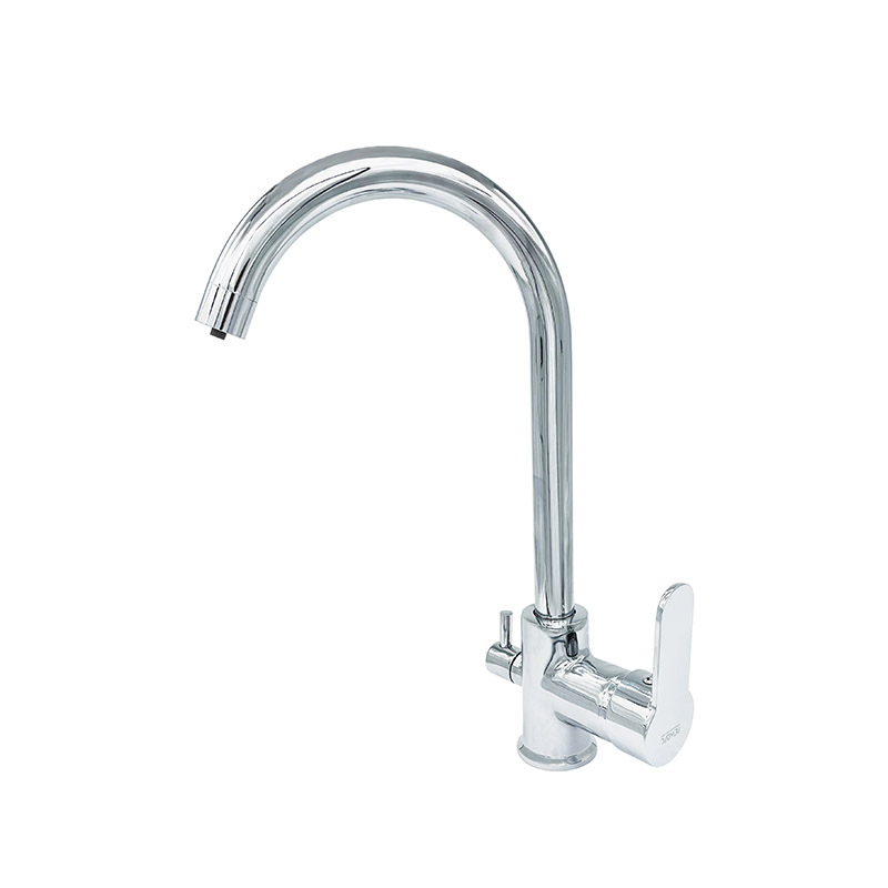 Minimal chrome mixer tap from Domino collection installed in Syrian minimalist bathroom
